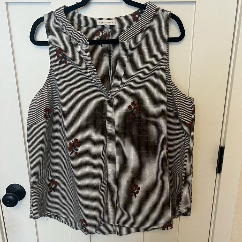 Honey Punch Sleeveless Top Plus Size 1X Striped Embroidered Floral